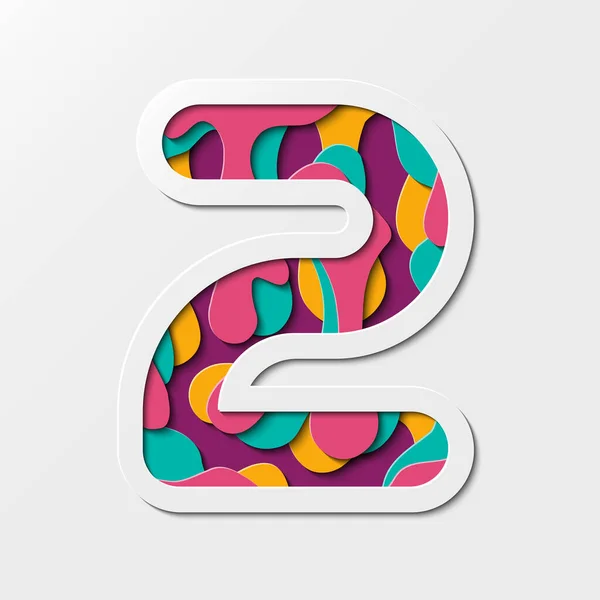 Kağıt kesiği İki Numaralı Sembol (2). Gerçekçi 3D çok katmanlı kağıt kesme efekti beyaz arkaplanda izole.