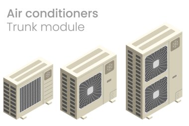 Klimaların Isometric vektör çizimi. Bir havalandırma modülünün düz tasarımı olarak Isometric vektör veya konut veya imalat ekipmanları bina dışında kurulum için çeşitli tip yan üfleme fan olarak yoğunlaştırma ünitesi