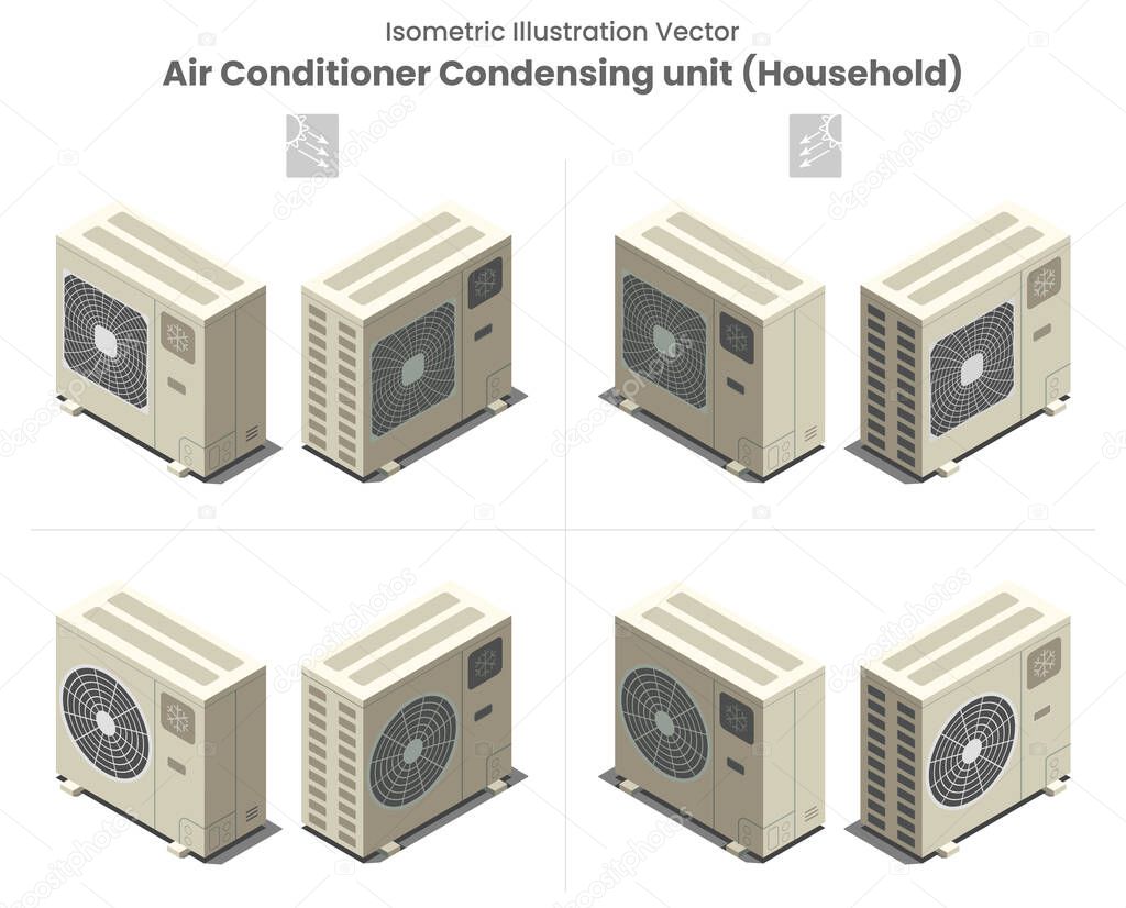 Isometric Vector Aircon Condensing unit type2. Isometric vector as flat design of household air conditioner or condensing unit as all side and shadow installation outside house or balcony residential equipment