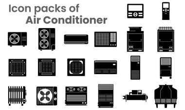 Vector Icon packs of Air conditioners module in various type as symbol-block-line-outline. There's various objects of air conditioners-condensing unit-fan coil unit-indoor unit-outdoor unit- ceiling mount-wall mount and remote controller