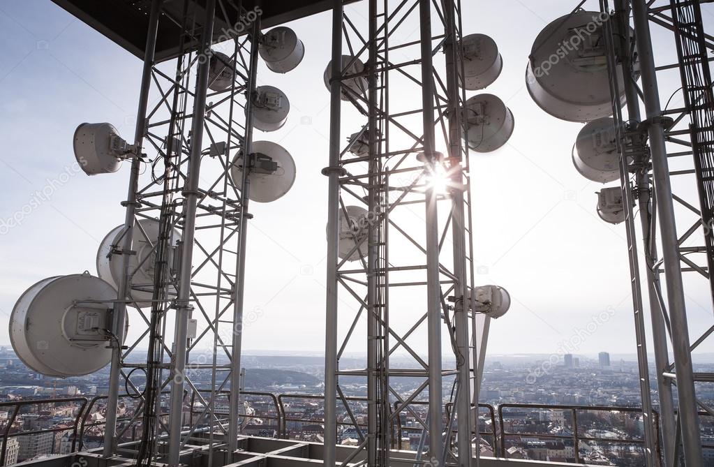 Tower with many satellite dishes