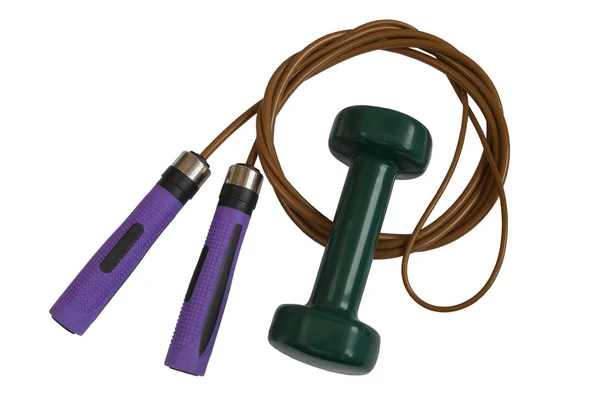 Skipping rope and green dumbbell — 스톡 사진