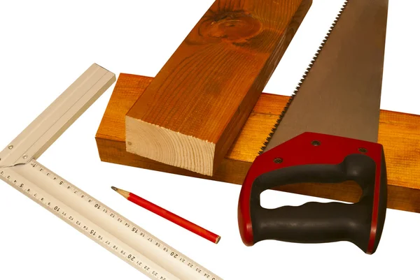 Two sawn boards and tools — Stockfoto