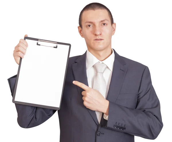 Mann hält ein Blatt Papier lizenzfreie Stockbilder