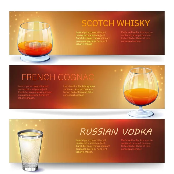 Bebidas. Banner de coñac, whisky, vodka. — Vector de stock