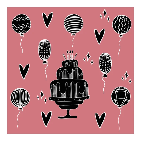 Vector Set Birthday Cake Balloons Tinsel — Stock Vector