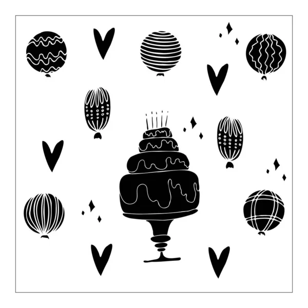 Ensemble Vectoriel Anniversaire Avec Gâteau Ballons Avec Tinsel — Image vectorielle