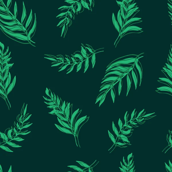Бесшовный Узор Векторные Пальмовые Листья Зеленые Листья Контуры Заднем Плане — стоковый вектор