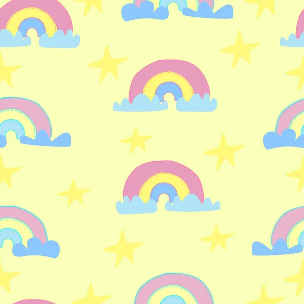 Rainbow Pattern Clouds Stars Vector Seamless Pattern Children Fabrics Clothes — Stock Vector