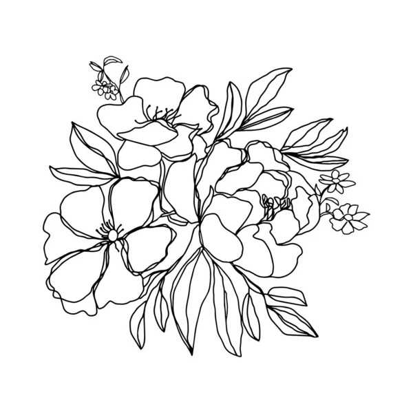 Pivoine Bourgeons Floraux Branche Avec Des Feuilles Petites Fleurs Isolées — Image vectorielle