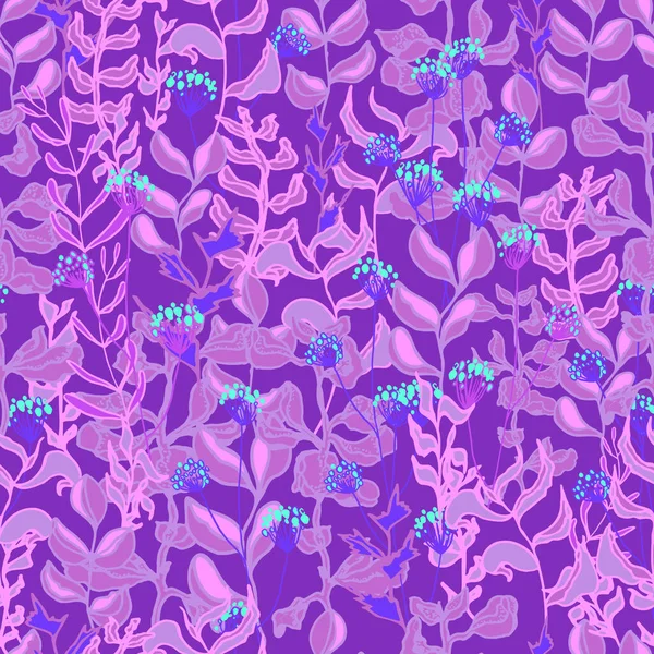病媒无缝模式草本植物 花和叶柄 植物森林图解 Background Wallpaper Fabric Textile Packaging Paper — 图库矢量图片