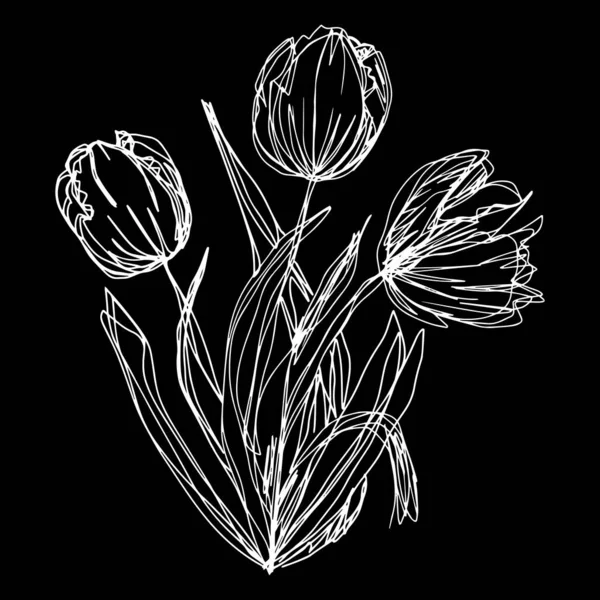 Botánica Florística Bosquejo Ramo Contorno Flores Tulipanes Brotes Abiertos Cerrado — Vector de stock