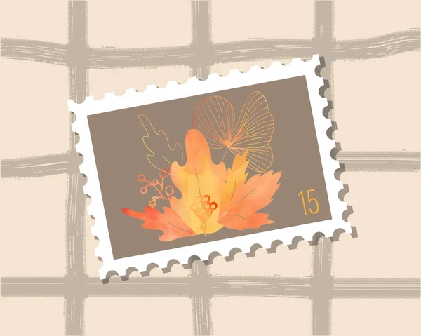 Vektor Herbst Aquarell Strauß Von Blättern Mit Gradient Handgezeichnete Briefmarke — Stockvektor