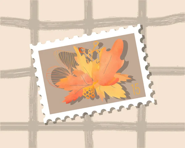 Vektor Herbst Aquarell Strauß Von Blättern Mit Gradient Handgezeichnete Briefmarke — Stockvektor