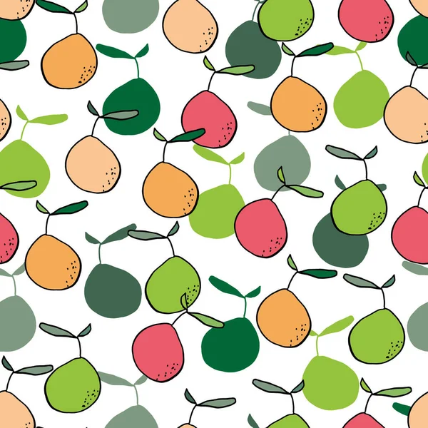 シームレスなベクトルパターン シルエットや影のある色付きの梨の葉やドットが色背景に付いています — ストックベクタ