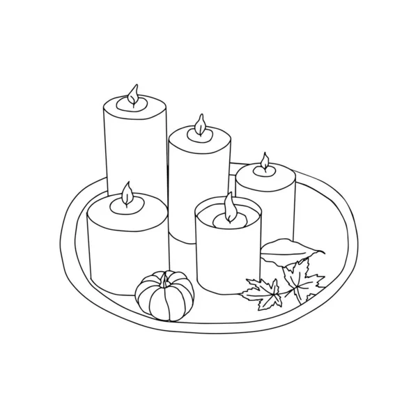Brennende Kerzen Gewöhnliche Und Einem Glas Kerzenständer Auf Einem Tablett — Stockvektor