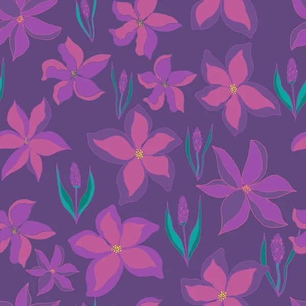 Vector Seamless Pattern Flower Buds Sprigs Lavender Leaves Botanical Illustration — Stock Vector