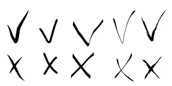 Кресты Галочки Изолированные Векторные Эскизы Иконки Руки Рисовать Черные Контуры — стоковый вектор