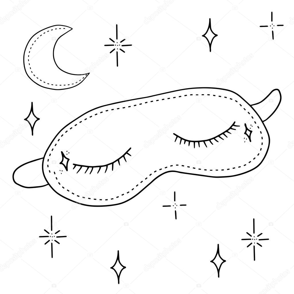 vector sleep mask with closed eyes with eyelashes. Good night with month and stars isolated hand illustration