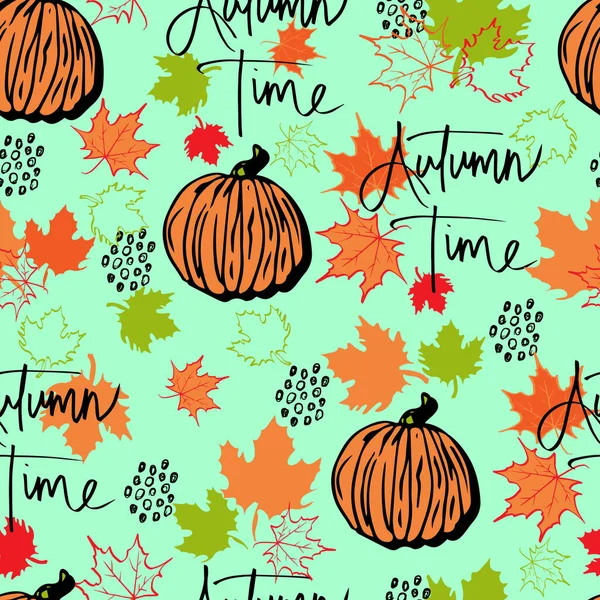 Vektorový Hladký Vzor Podzimní Listy Dýně Nápisem Podzimní Čas Pozadí — Stockový vektor