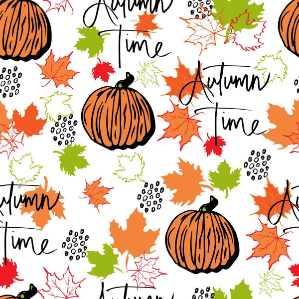 Векторный Бесшовный Узор Осенние Листья Тыква Буквенным Осенним Фоном Autumn — стоковый вектор