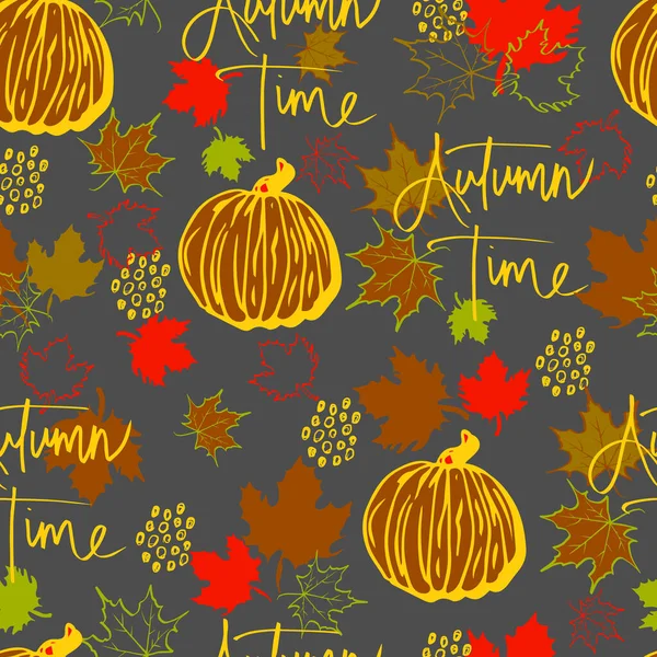 Vektorový Hladký Vzor Podzimní Listy Dýně Nápisem Podzimní Čas Pozadí — Stockový vektor