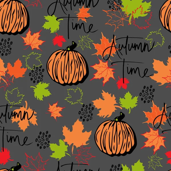 Vector Seamless Pattern Autumn Leaves Pumpkin Lettering Autumn Time Background — Stock Vector