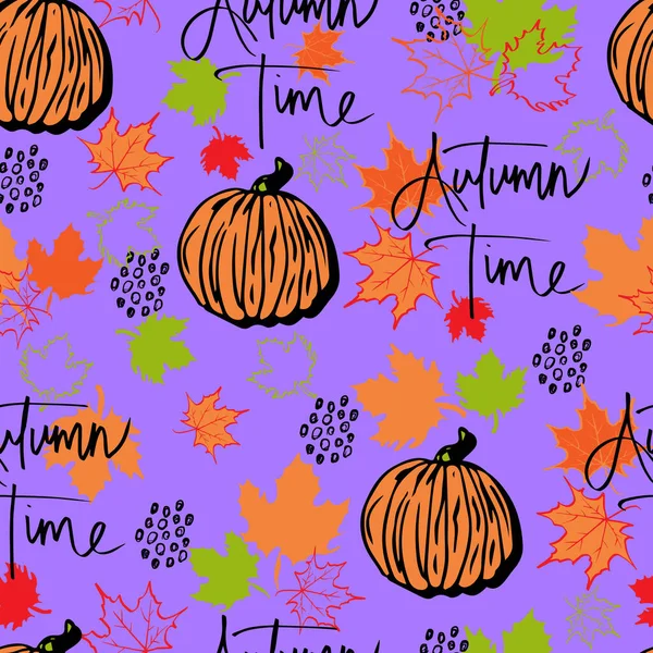 Векторный Бесшовный Узор Осенние Листья Тыква Буквенным Осенним Фоном Autumn — стоковый вектор