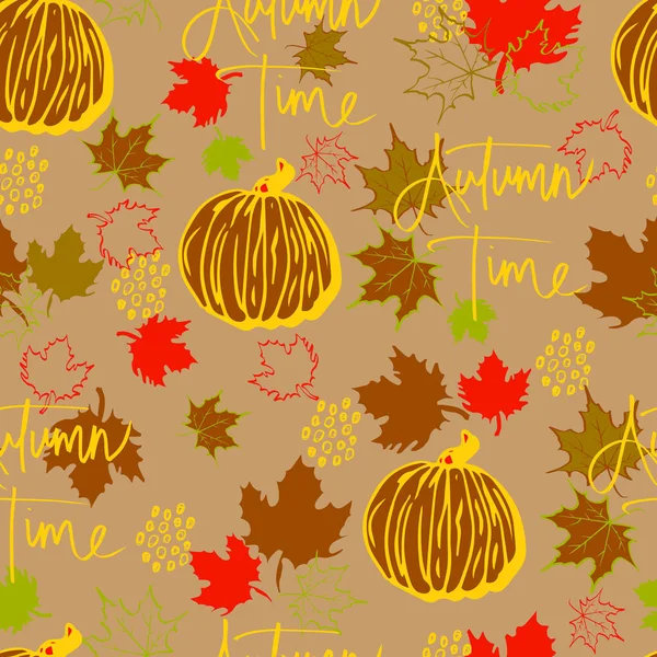 Vector Seamless Pattern Autumn Leaves Pumpkin Lettering Autumn Time Background — Stock Vector