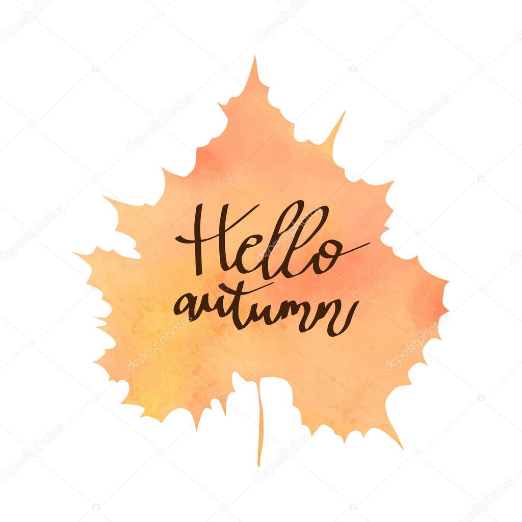 vector watercolor autumn leaf with lettering hello autumn background