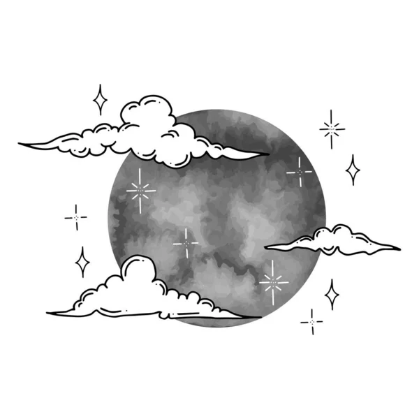 Vektorová Grafika Mraků Hvězd Akvarelovým Měsícem Izolovaná Vektorová Ilustrační Znaková — Stockový vektor