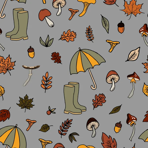 Векторный Бесшовный Рисунок Грибной Печати Сбор Грибов Осеннем Лесу Съедобных — стоковый вектор