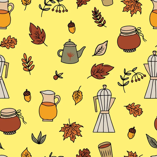 Motif Vectoriel Sans Couture Imprimé Confortable Avec Café Thé Automne — Image vectorielle