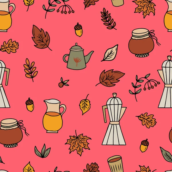 Motif Vectoriel Sans Couture Imprimé Confortable Avec Café Thé Automne — Image vectorielle