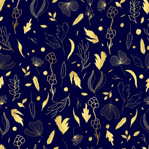 Vector Seamless Pattern Leaves Twigs Golden Botanical Illustration — Stock Vector