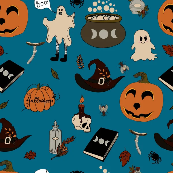 Padrão Sem Emenda Vetor Halloween Eps Poção Doodle Símbolos Wiccan —  Vetores de Stock