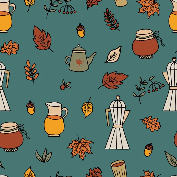 Motif Vectoriel Sans Couture Imprimé Confortable Avec Café Thé Automne — Image vectorielle