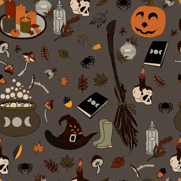 Vektorový Hladký Vzor Halloween Eps Lektvar Kouzelnické Symboly Dýně Lebka — Stockový vektor