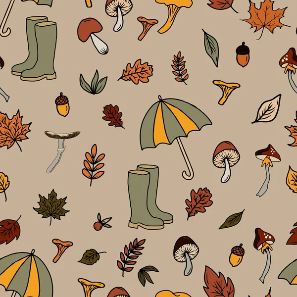 Векторный Бесшовный Рисунок Грибной Печати Сбор Грибов Осеннем Лесу Съедобных — стоковый вектор