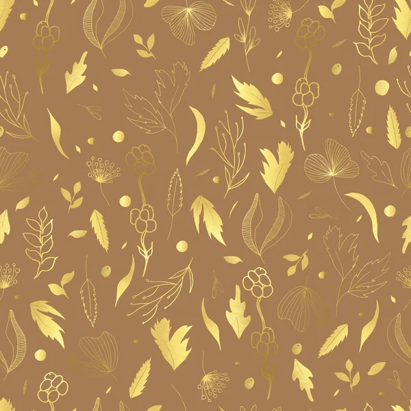 Vector Seamless Pattern Leaves Twigs Golden Botanical Illustration — Stock Vector