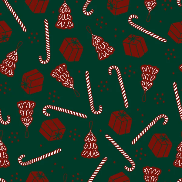 Patrón Sin Costuras Navidad Árbol Navidad Juguete Piruleta Caja Regalo — Vector de stock