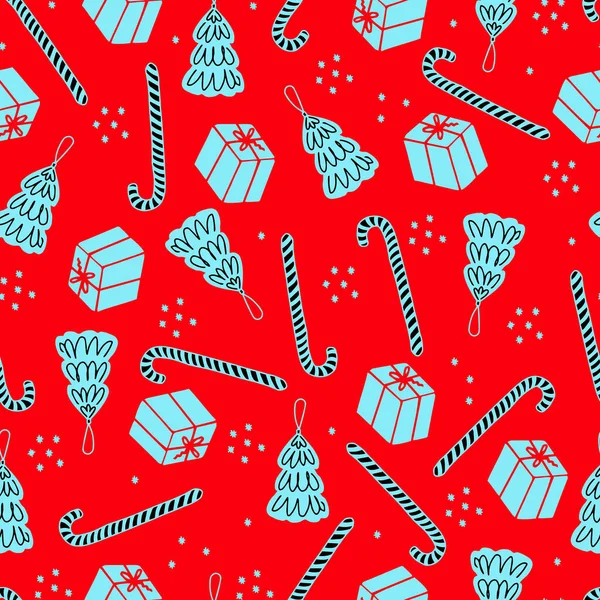 Weihnachten Nahtlose Muster Weihnachtsbaum Spielzeug Lutscher Und Geschenkbox Vektormuster Für — Stockvektor