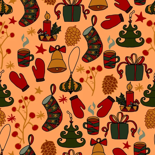 Natal Ano Novo Doodles Vetor Padrão Sem Costura Fundo Inverno — Vetor de Stock