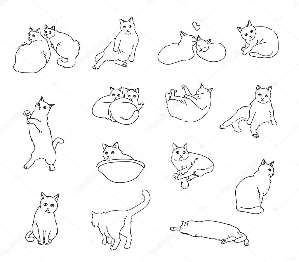 A set of simple, full-body outline cat illustrations