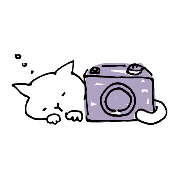 Hand Drawn Drawing Cute Cat Photographer — Image vectorielle