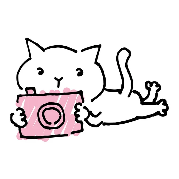 Hand Drawn Drawing Cute Cat Photographer — Image vectorielle