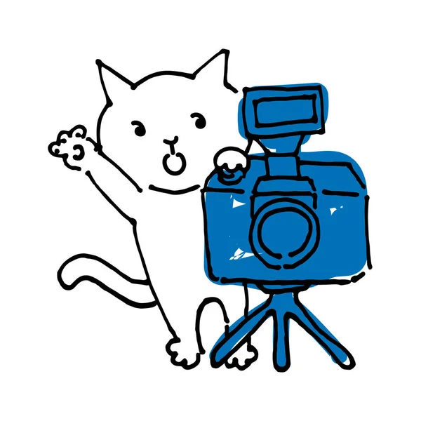 Hand Drawn Drawing Cute Cat Photographer — Image vectorielle