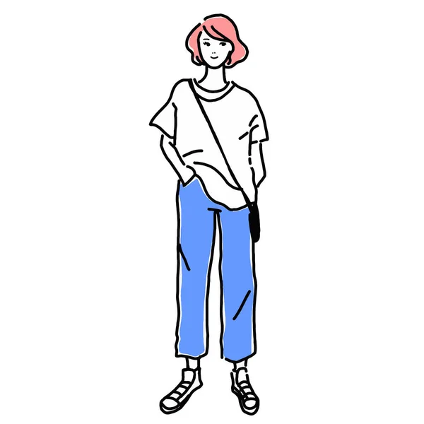 Full Body Line Drawing Illustration Stylish Woman — Stock Vector