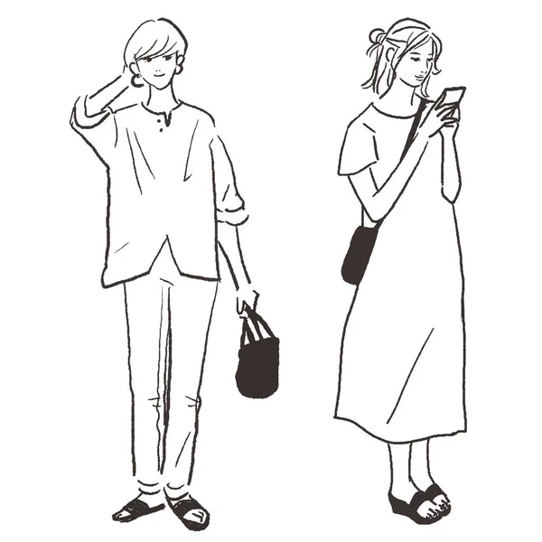 Modaya uygun genç bir kadının vektör çizgisi.