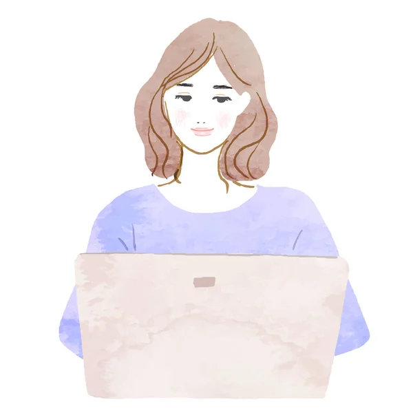 Aquarela Uma Mulher Com Laptop — Vetor de Stock